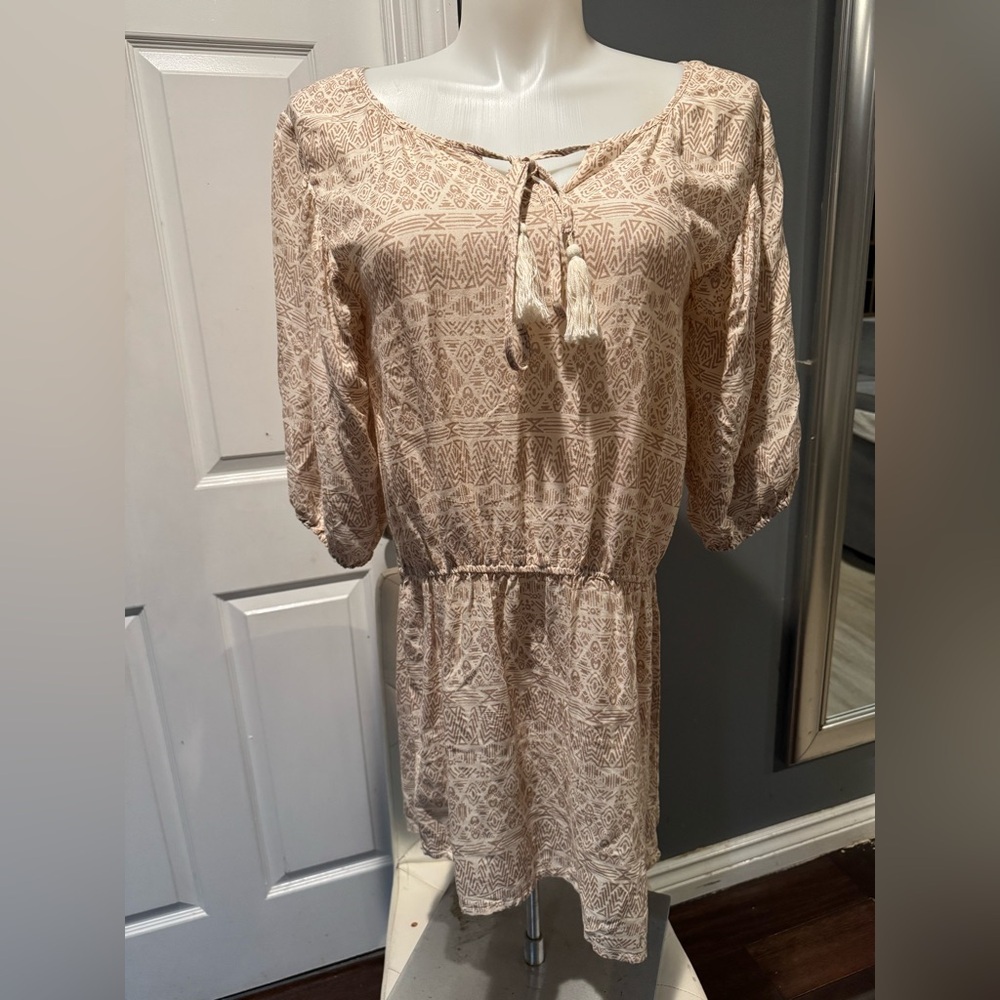 Lagaci Gold Tan Sundress‎ with Scoop Neck and Bishop Sleeves